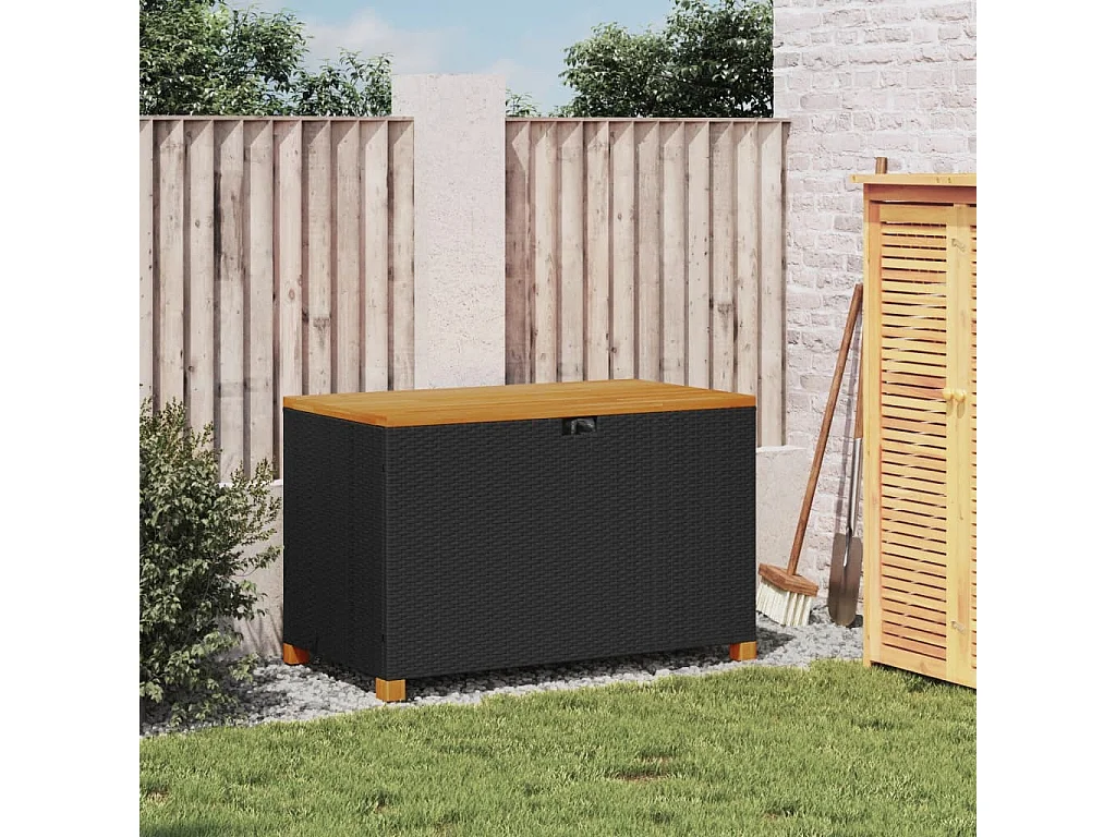 Coffre de rangement de jardin noir résine tressée bois d'acacia FR648533