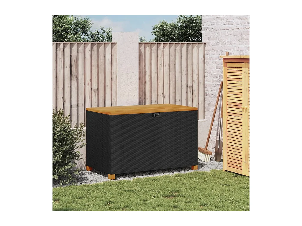 Coffre de rangement de jardin noir résine tressée bois d'acacia FR648533