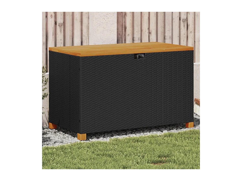 Coffre de rangement de jardin noir résine tressée bois d'acacia FR648533