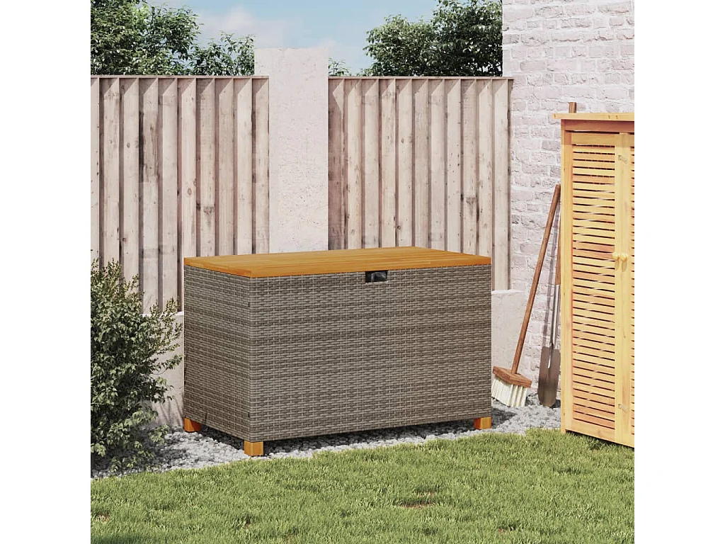 Coffre de rangement de jardin gris résine tressée bois d'acacia FR820931