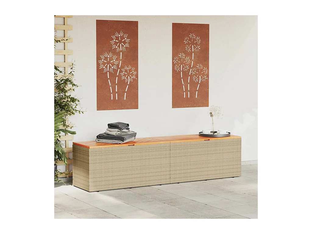 Coffre de rangement de jardin beige résine tressée bois d'acacia FR938165