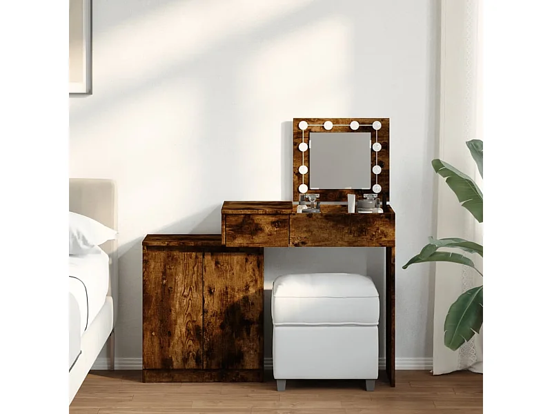 Tocador con luces LED roble ahumado 115x37x110,5 cm ES338603