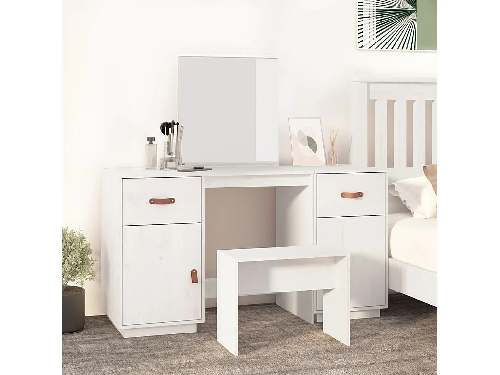 Ensemble de coiffeuse avec miroir Blanc Bois de pin solide FR548371