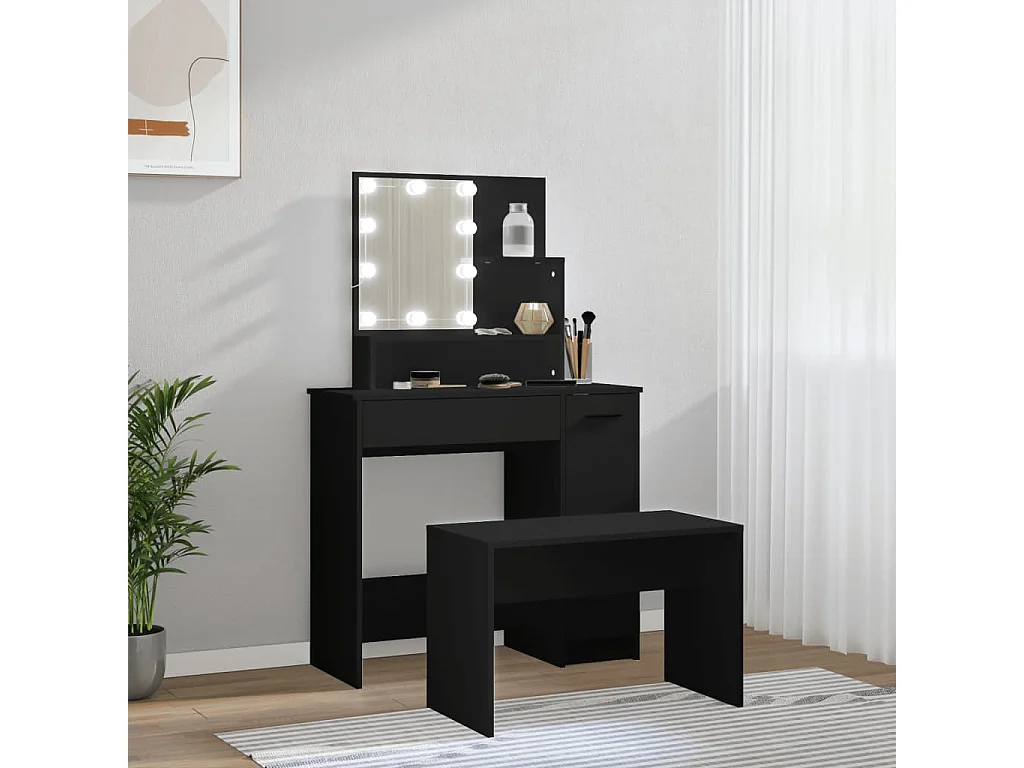 Ensemble de coiffeuse avec LED Noir Bois d'ingénierie FR482197