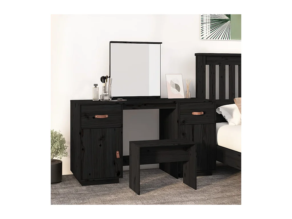 Ensemble de coiffeuse avec miroir noir bois de pin solide FR459538