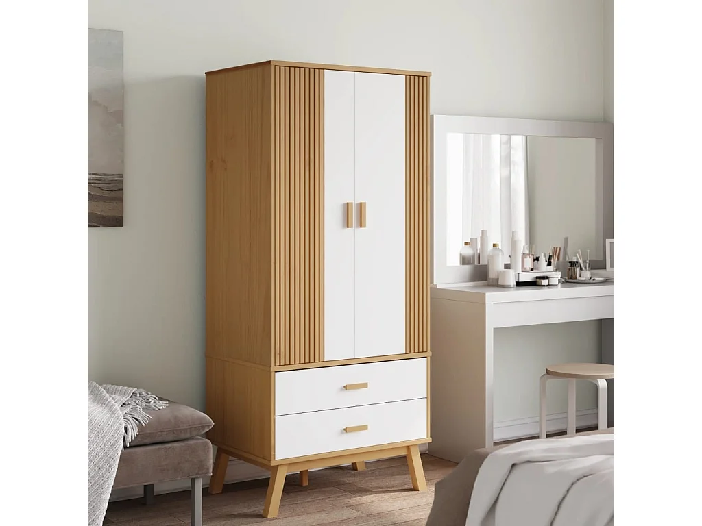 Garde-robe OLDEN blanc et marron 76,5x53x172 cm bois massif pin FR252837