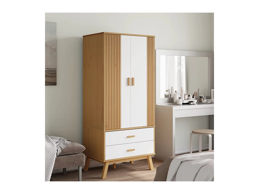 Garde-robe OLDEN blanc et marron 76,5x53x172 cm bois massif pin FR252837