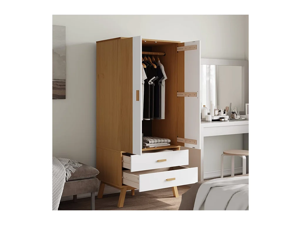 Garde-robe OLDEN blanc et marron 76,5x53x172 cm bois massif pin FR252837