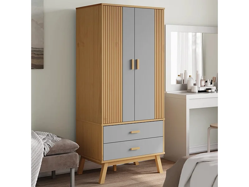 Roupeiro OLDEN 76,5x53x172 cm pinho maciço cinzento e castanho PT919718