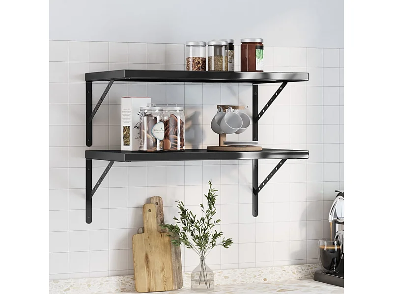Estantes de pared 2 uds acero inoxidable negro 75x40x3 cm ES567538
