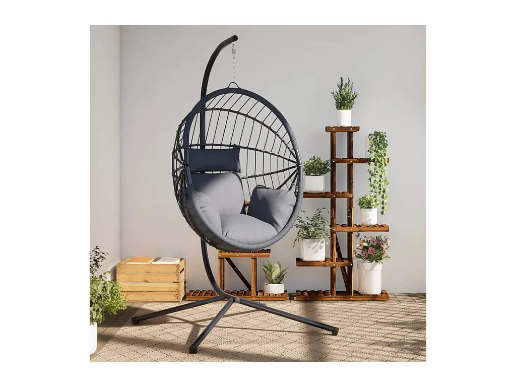 Fauteuil suspendue en forme d'œuf et support gris rotin et acier FR399449