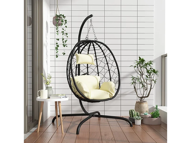 Cadeira forma ovo suspensa vime PE/aço c/ almofadão branco nata PT416918