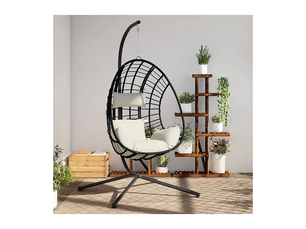 Fauteuil suspendue en forme d'œuf et support beige rotin et acier FR181719