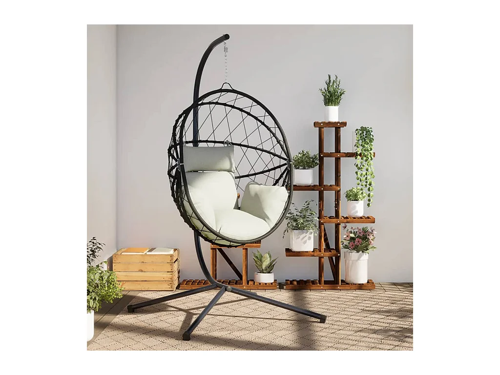 Fauteuil suspendue en forme d'œuf et support beige rotin et acier FR771852