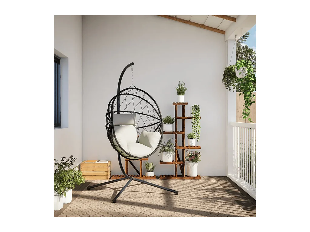 Fauteuil suspendue en forme d'œuf et support beige rotin et acier FR771852