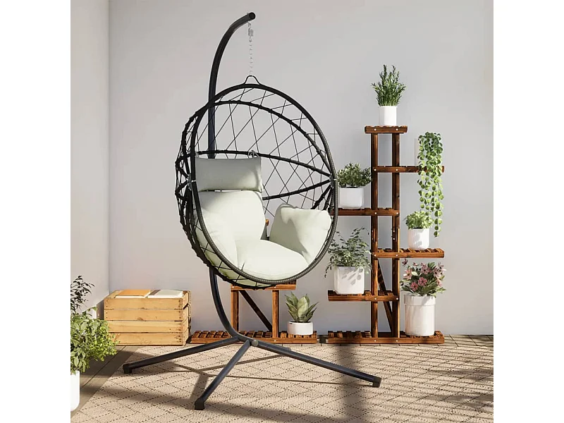 Fauteuil suspendue en forme d'œuf et support beige rotin et acier FR771852