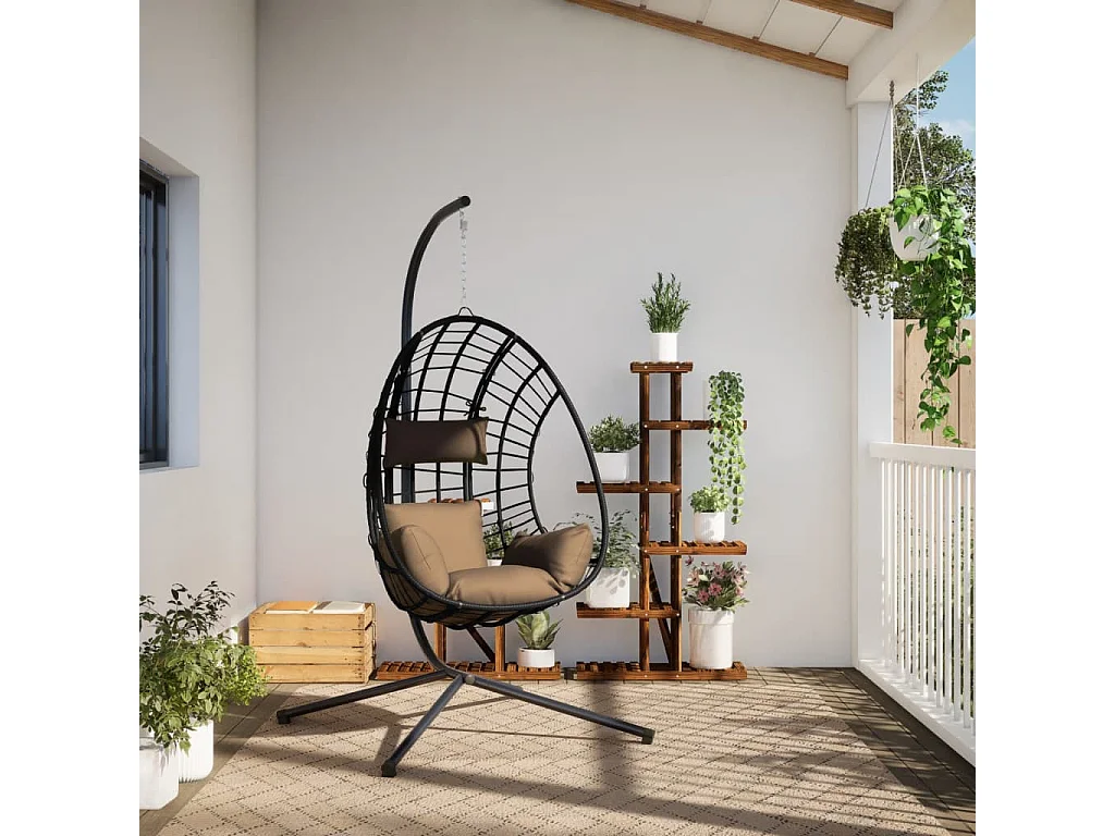 Fauteuil suspendue en forme d'œuf et support taupe rotin et acier FR767427