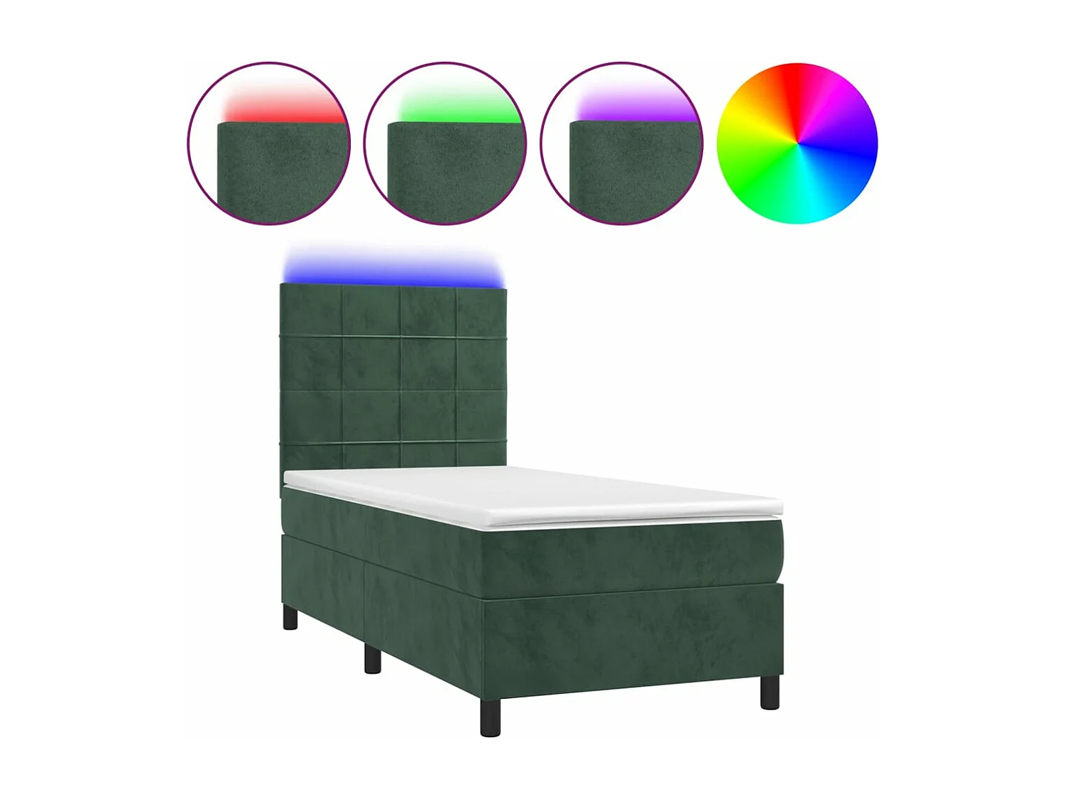 Cama box spring colchón y LED terciopelo verde oscuro 90x190 cm ES133490