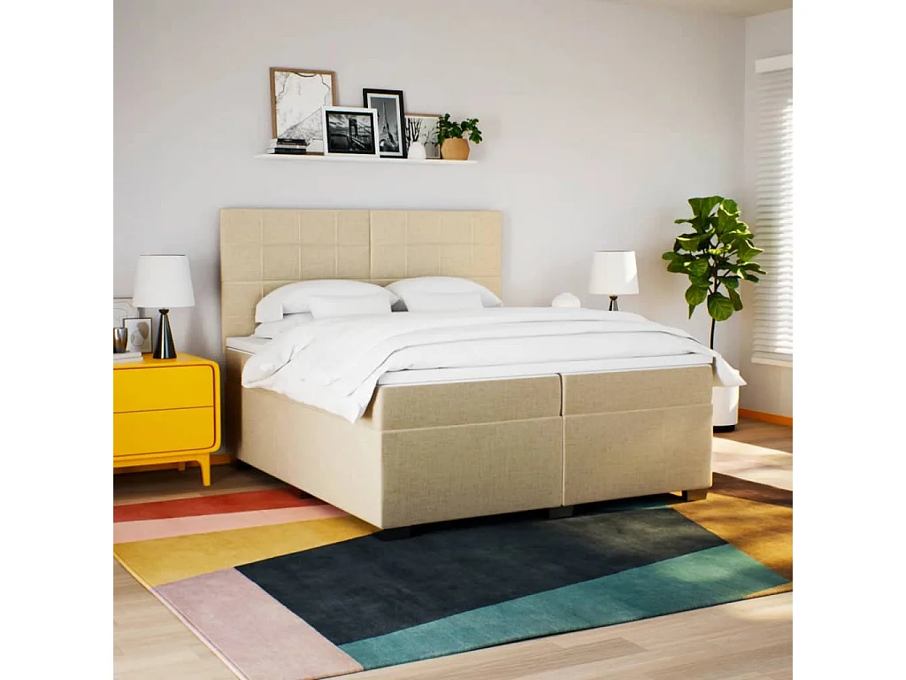 Cama box spring con colchón tela color crema 200x200 cm ES262761