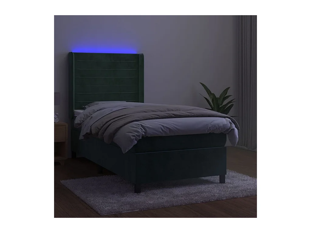 Cama box spring colchón y LED terciopelo verde oscuro 90x200 cm ES698687