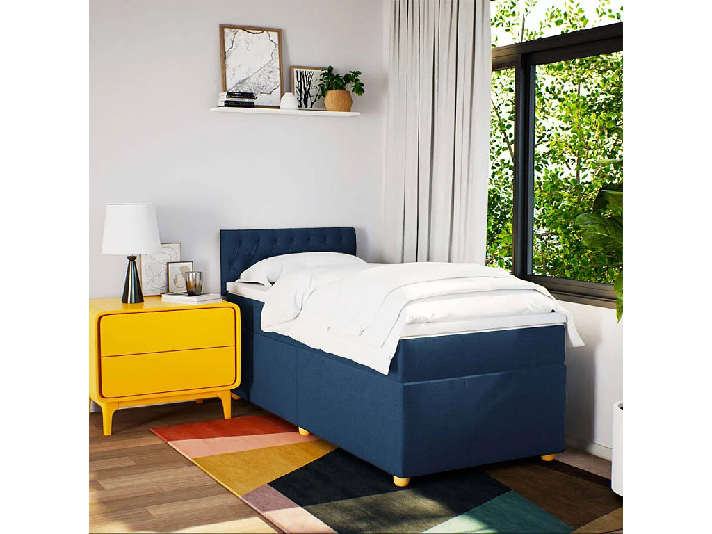 Cama box spring - 90x190 cm com molas/colchão tecido azul PT604615