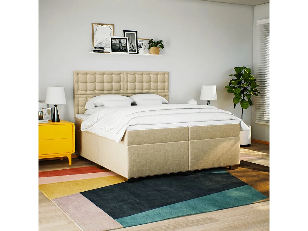 Cama box spring con colchón tela color crema 200x200 cm ES295115