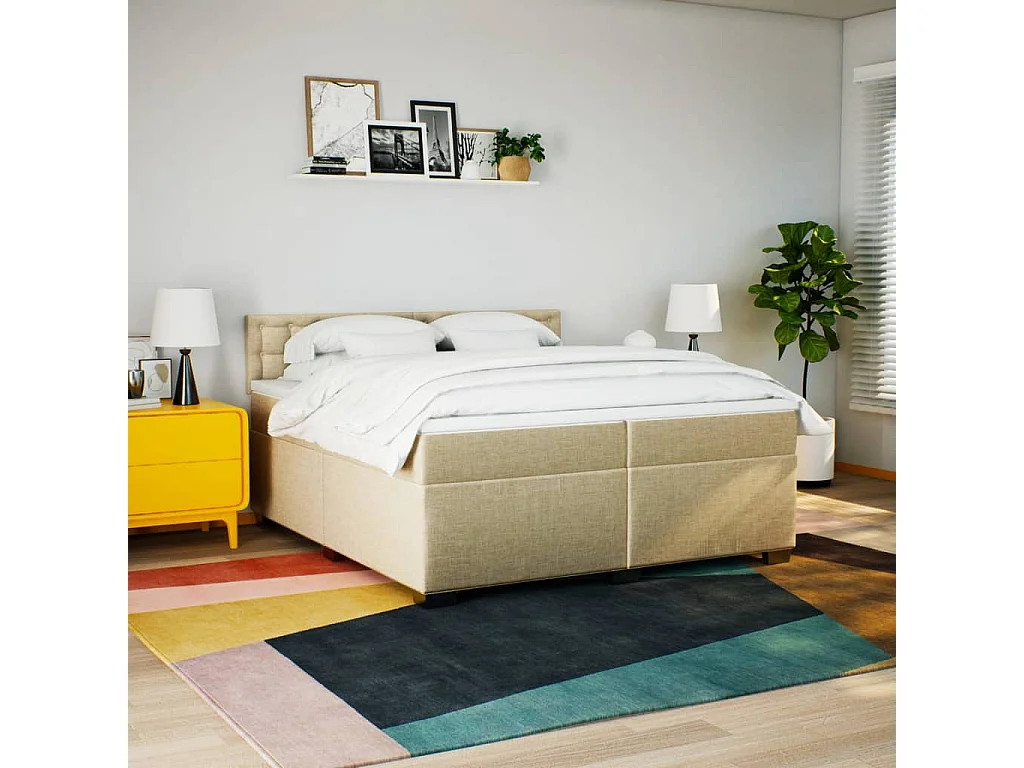 Cama box spring con colchón tela color crema 200x200 cm ES553004