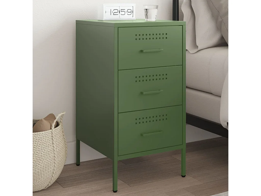 Table de chevet vert olive 36x39x68 cm acier laminé à froid FR95341
