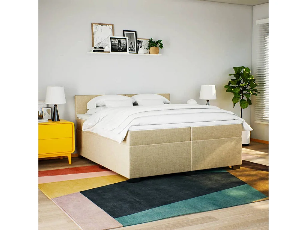 Cama box spring con colchón tela color crema 200x200 cm ES424138