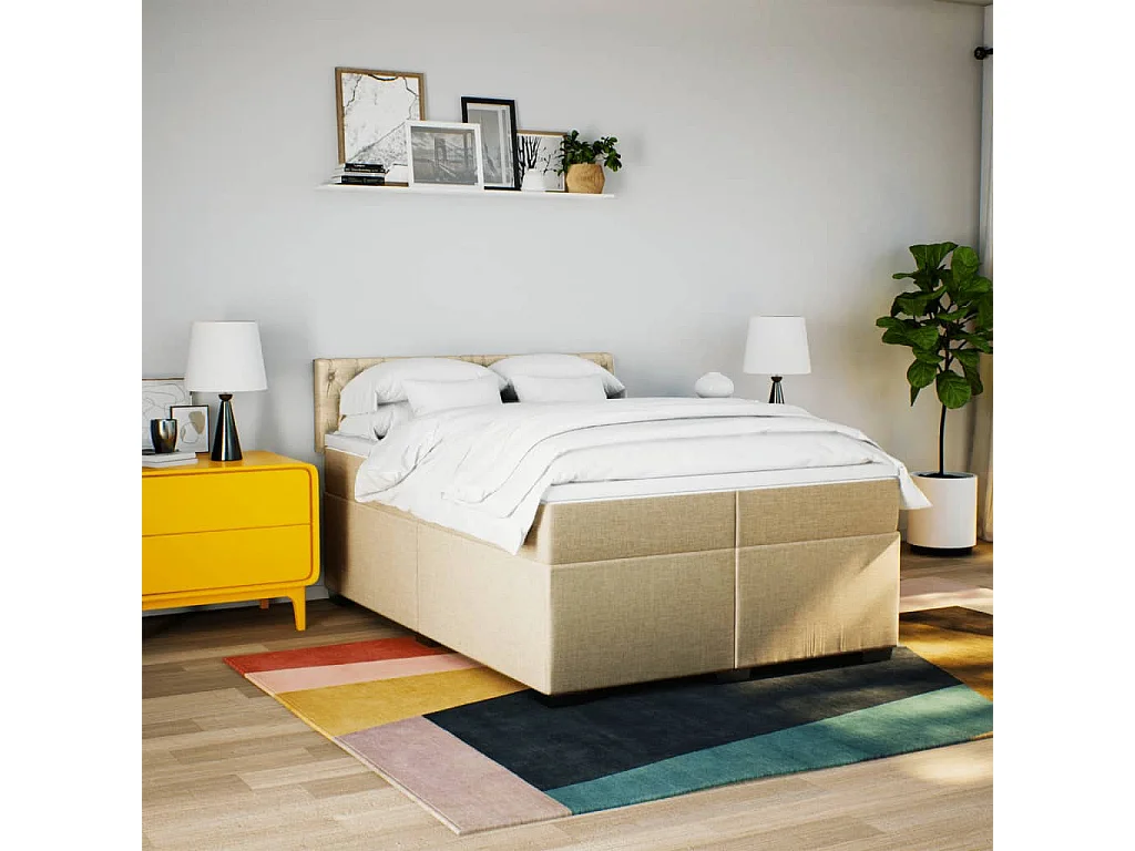 Cama box spring con colchón tela color crema 200x200 cm ES117915