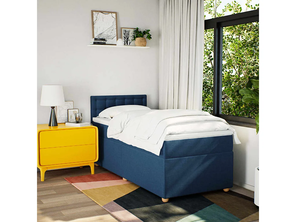 Cama box spring con colchón tela azul 80x200 cm ES949227
