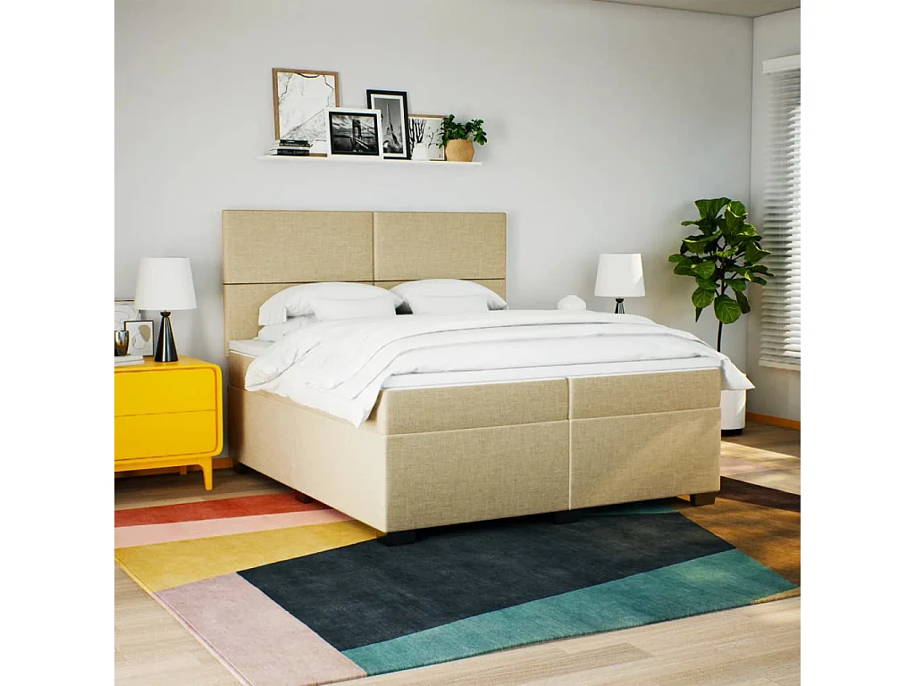 Cama box spring con colchón tela color crema 200x200 cm ES193212