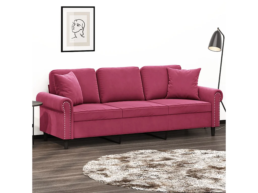 Canapé 3 places avec oreillers bordeaux 180 cm velours FR481758