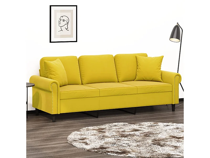 Sofá 3 lugares c/ almofadas decorativas 180 cm veludo amarelo PT431372