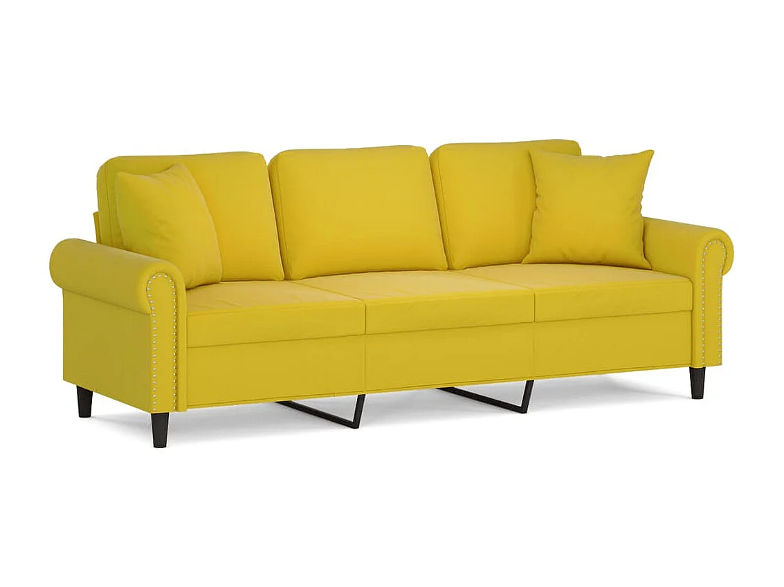 Sofá 3 lugares c/ almofadas decorativas 180 cm veludo amarelo PT431372