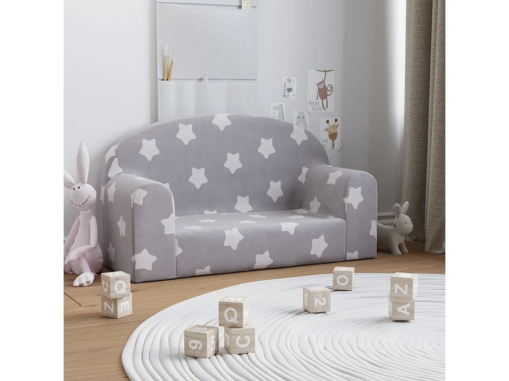 Sofá de niños de 2 plazas felpa suave gris claro con estrellas ES302938