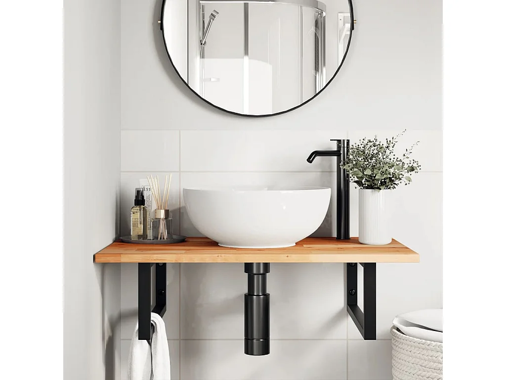 Meuble sous vasque murale acier et bois massif d'acacia FR719046