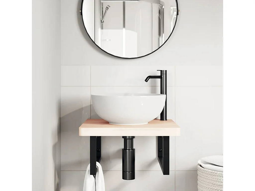 Estante de lavabo de pared de acero y madera maciza de haya ES764561