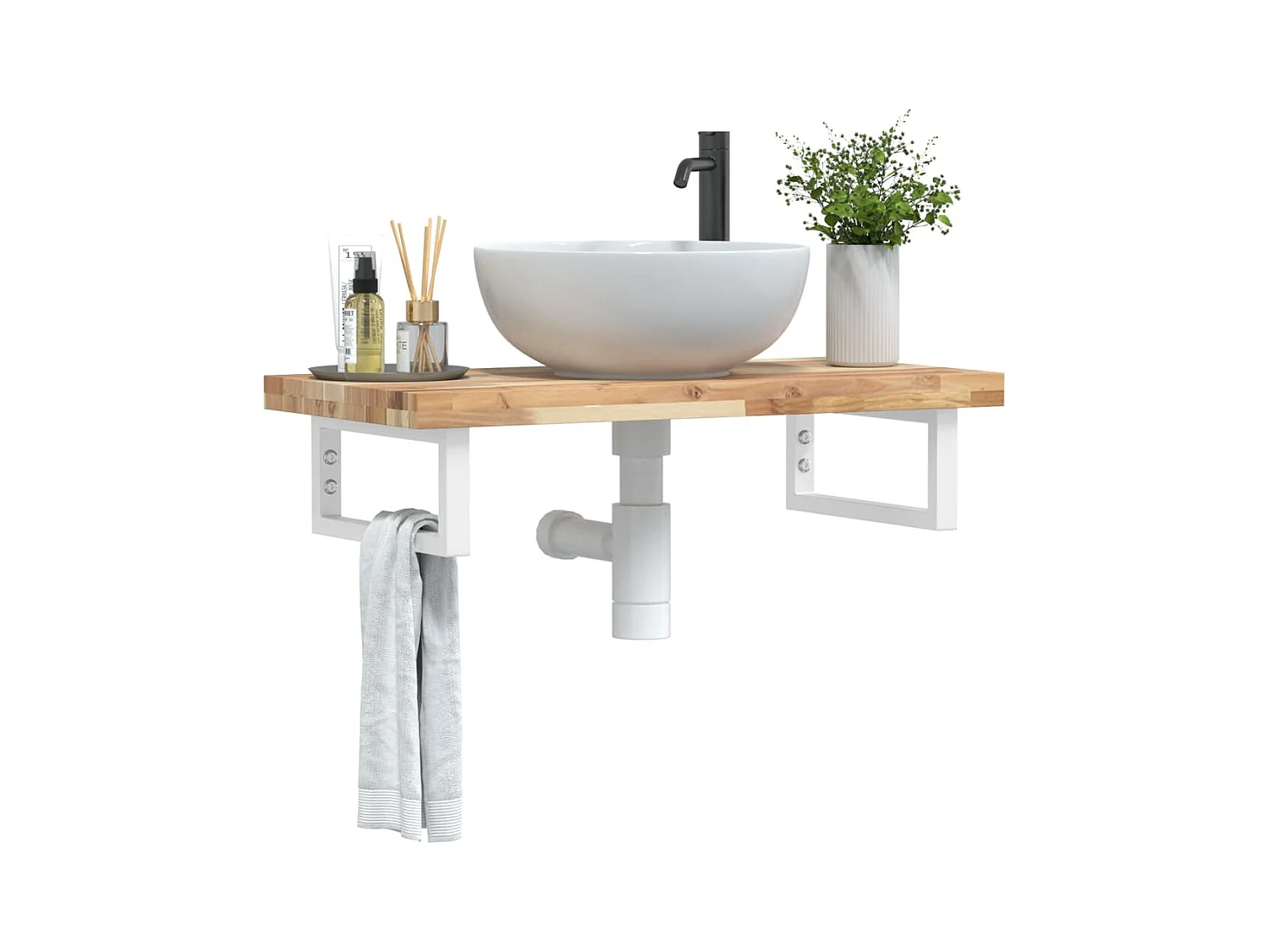 Meuble sous vasque murale acier et bois massif d'acacia FR452210
