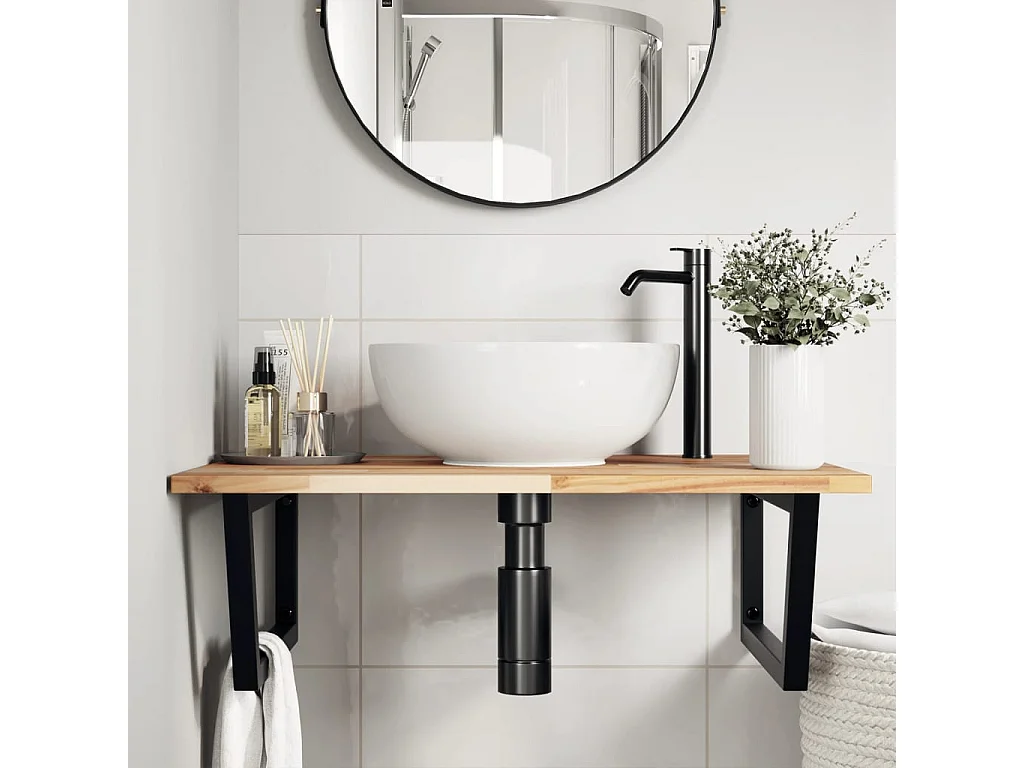 Meuble sous vasque murale acier et bois massif d'acacia FR471509