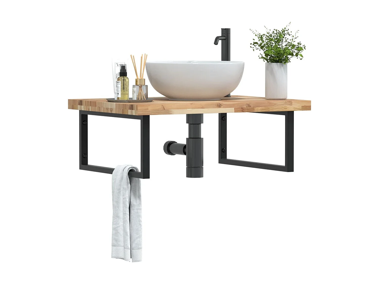 Meuble sous vasque murale acier et bois massif d'acacia FR367363