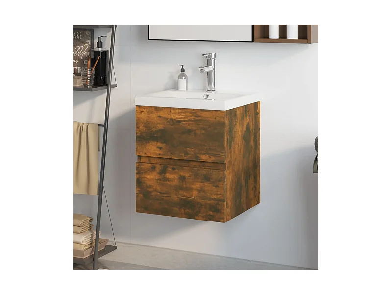 Meuble lavabo + Vasque intégré Chêne fumé Bois d'ingénierie FR180074