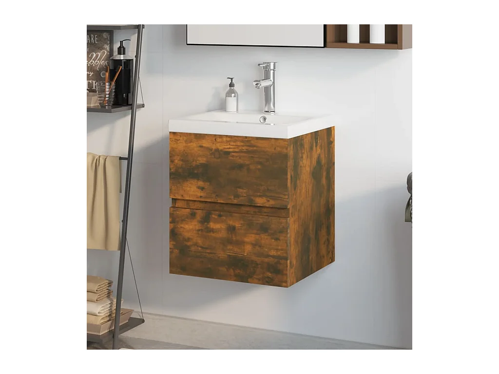 Meuble lavabo + Vasque intégré Chêne fumé Bois d'ingénierie FR180074
