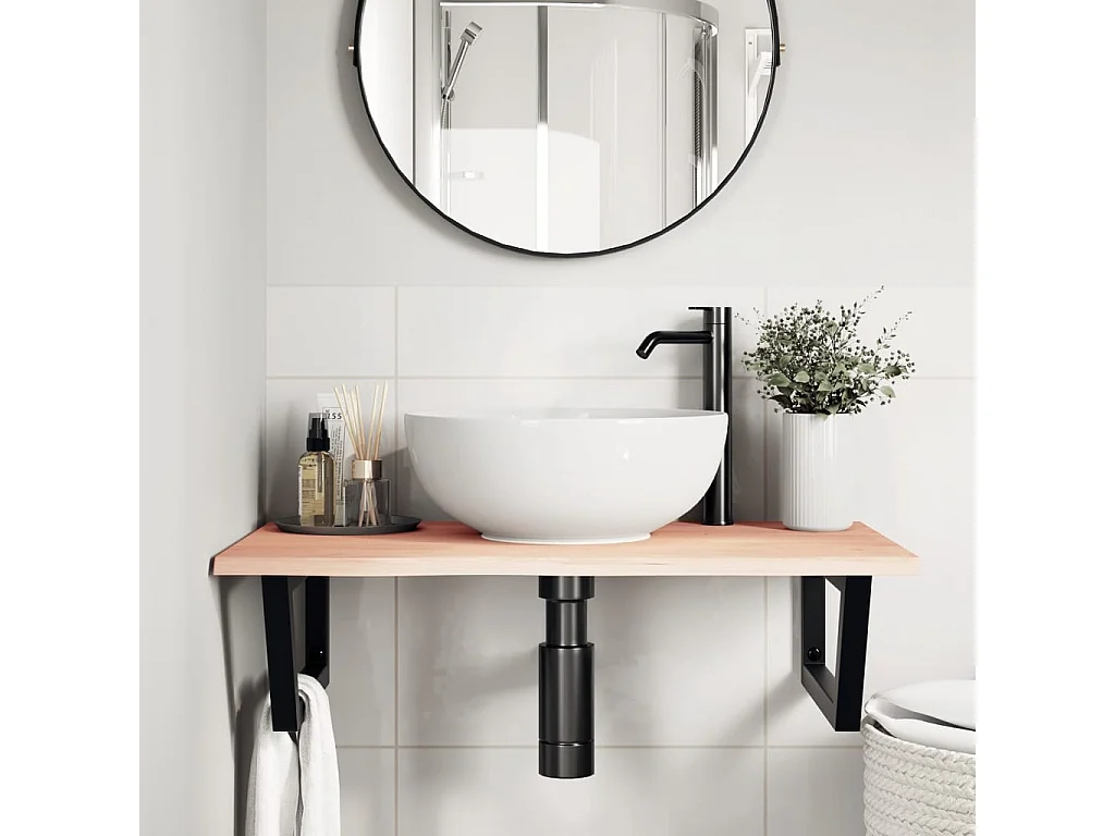 Meuble sous vasque murale acier et bois de chêne massif FR204171