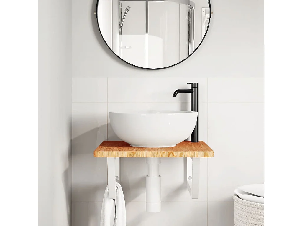 Meuble sous vasque murale acier et bois de chêne massif FR829193