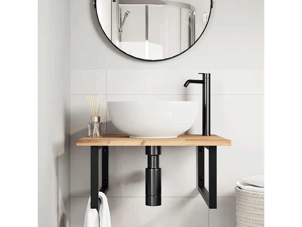 Meuble sous vasque murale acier et bois massif d'acacia FR930561