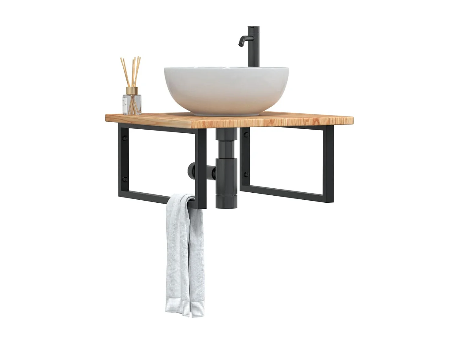 Estante de lavabo de pared de acero y madera maciza de roble ES977964