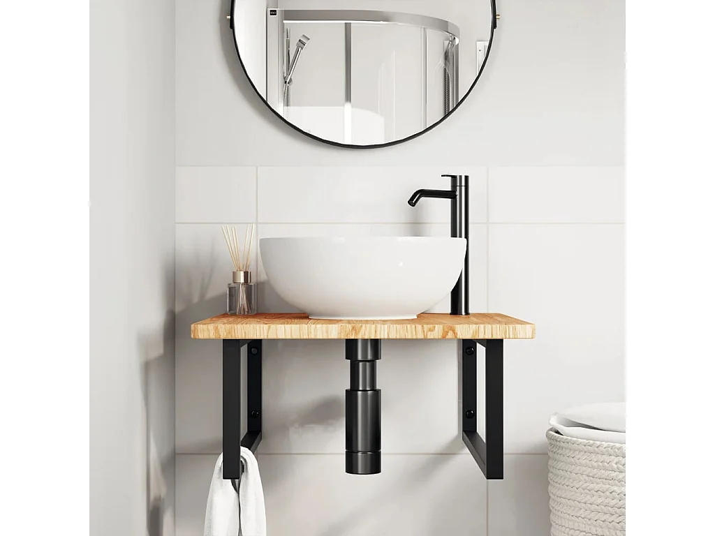 Meuble sous vasque murale acier et bois de chêne massif FR838947