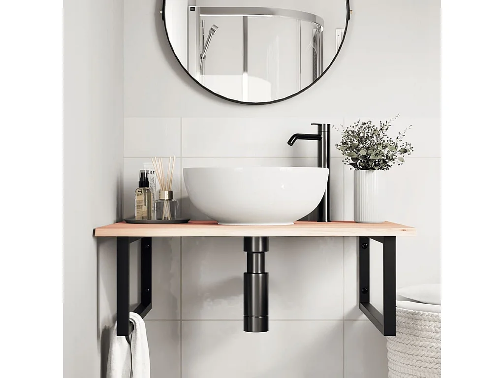 Meuble sous vasque murale acier et bois de chêne massif FR816008