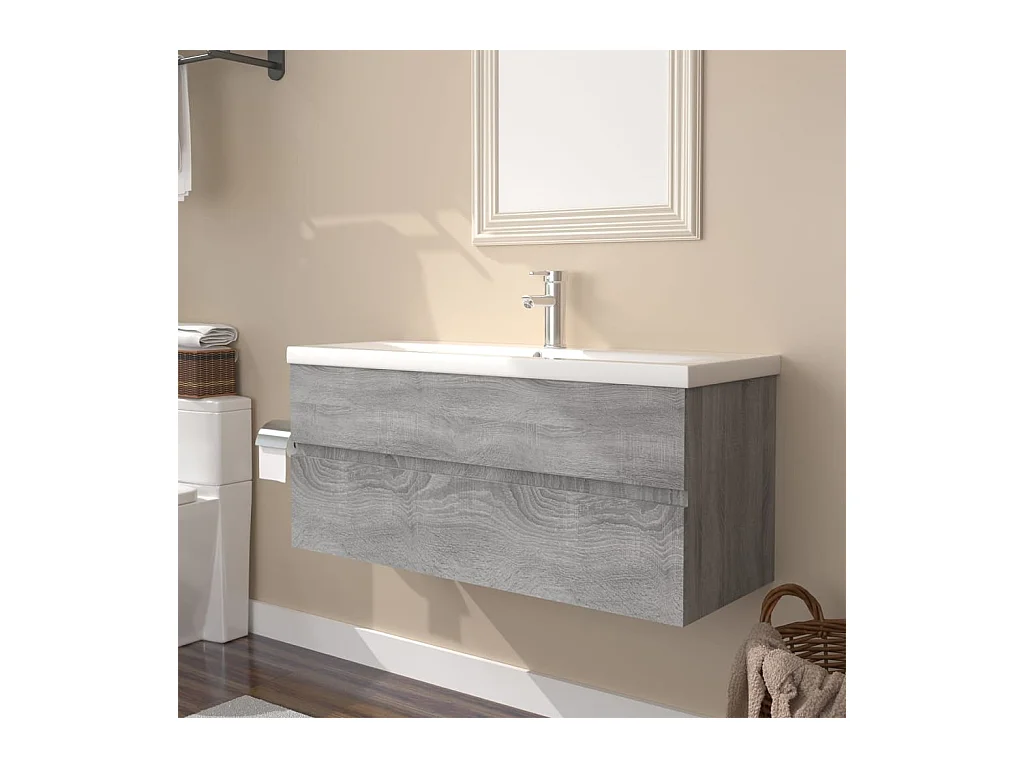 Meuble lavabo + Vasque intégré Sonoma gris Bois d'ingénierie FR567595